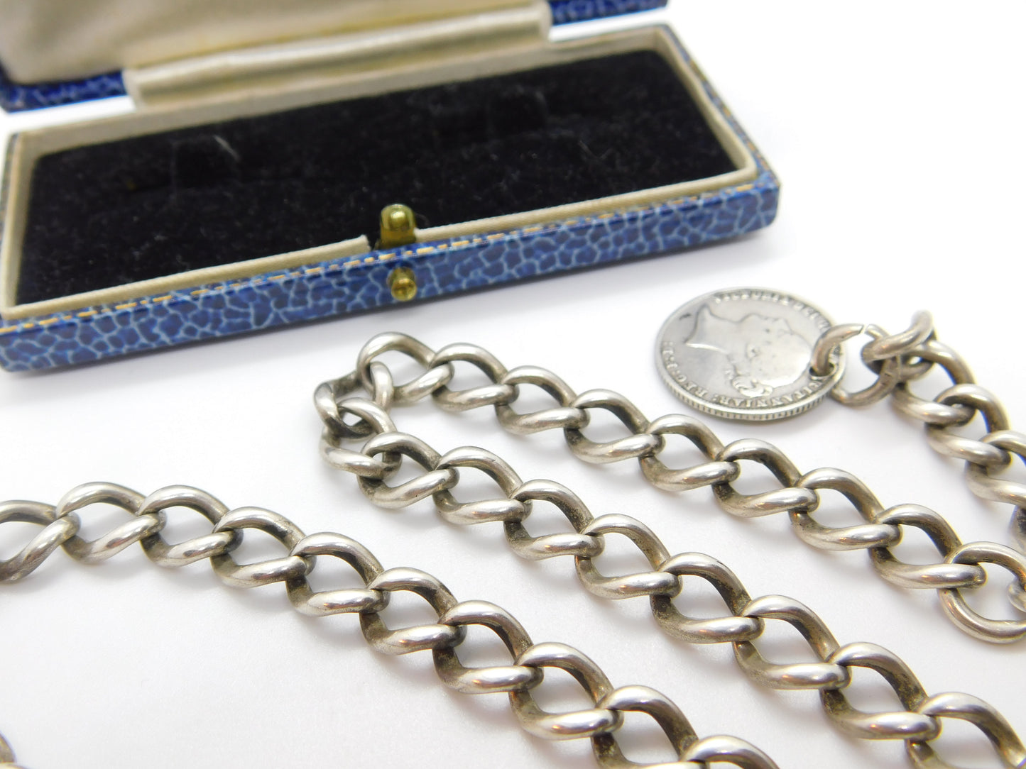 Victorian Sterling Silver Albert Watch Chain with Sixpence Fob Antique 1897