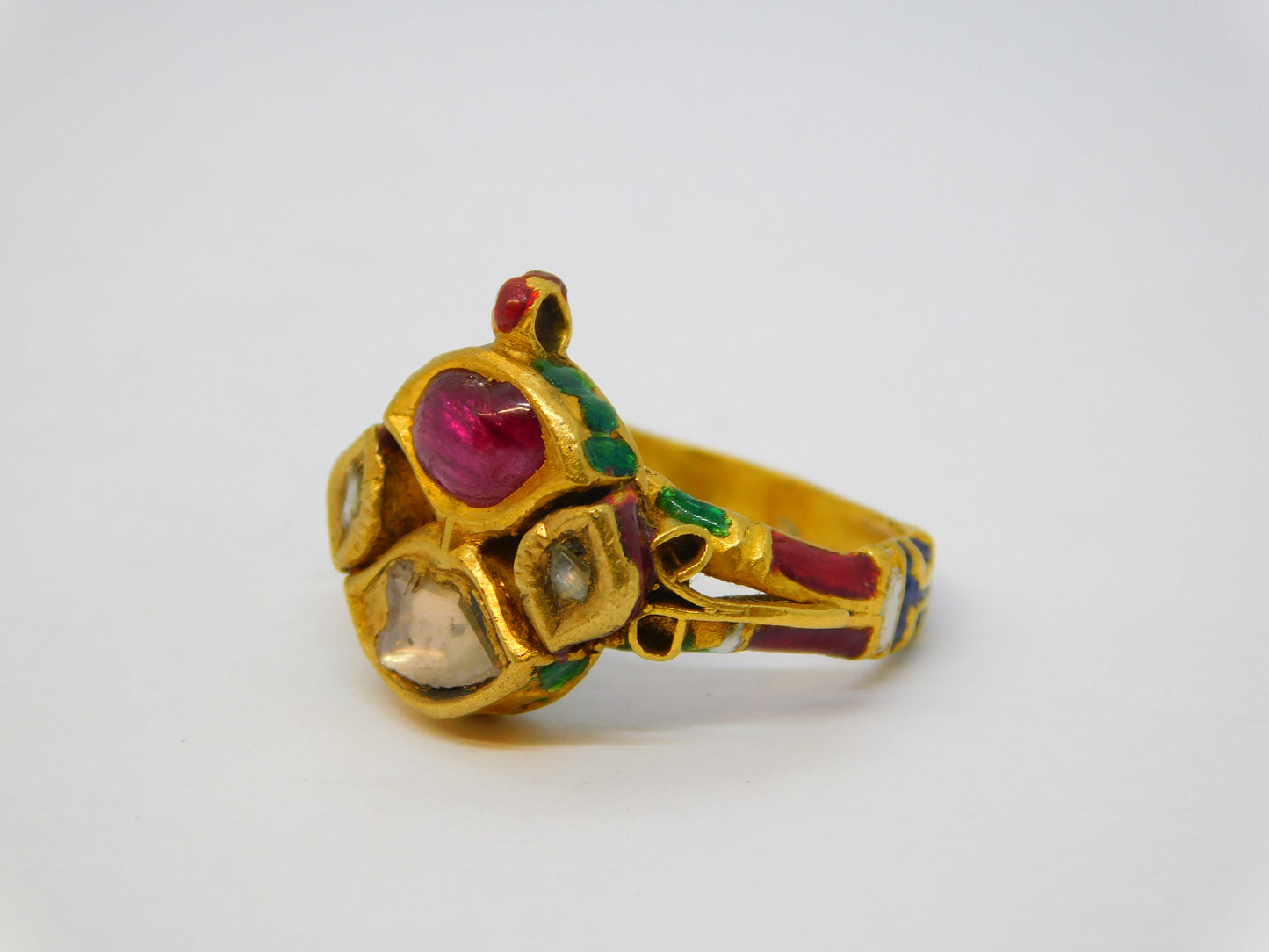 18th Century Mughal High-Carat Gold, Diamond, Ruby & Enamel Ring Antique Indian