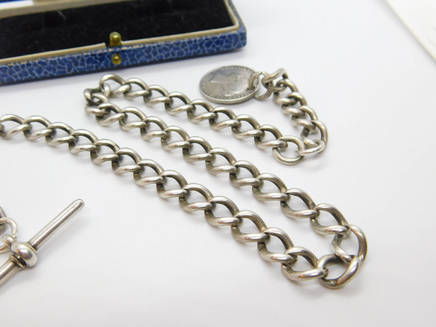 Victorian Sterling Silver Albert Watch Chain with Sixpence Fob Antique 1897