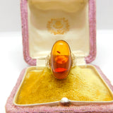 9ct Yellow Gold & Cabochon Baltic Amber Band Ring Vintage c1970 Textured