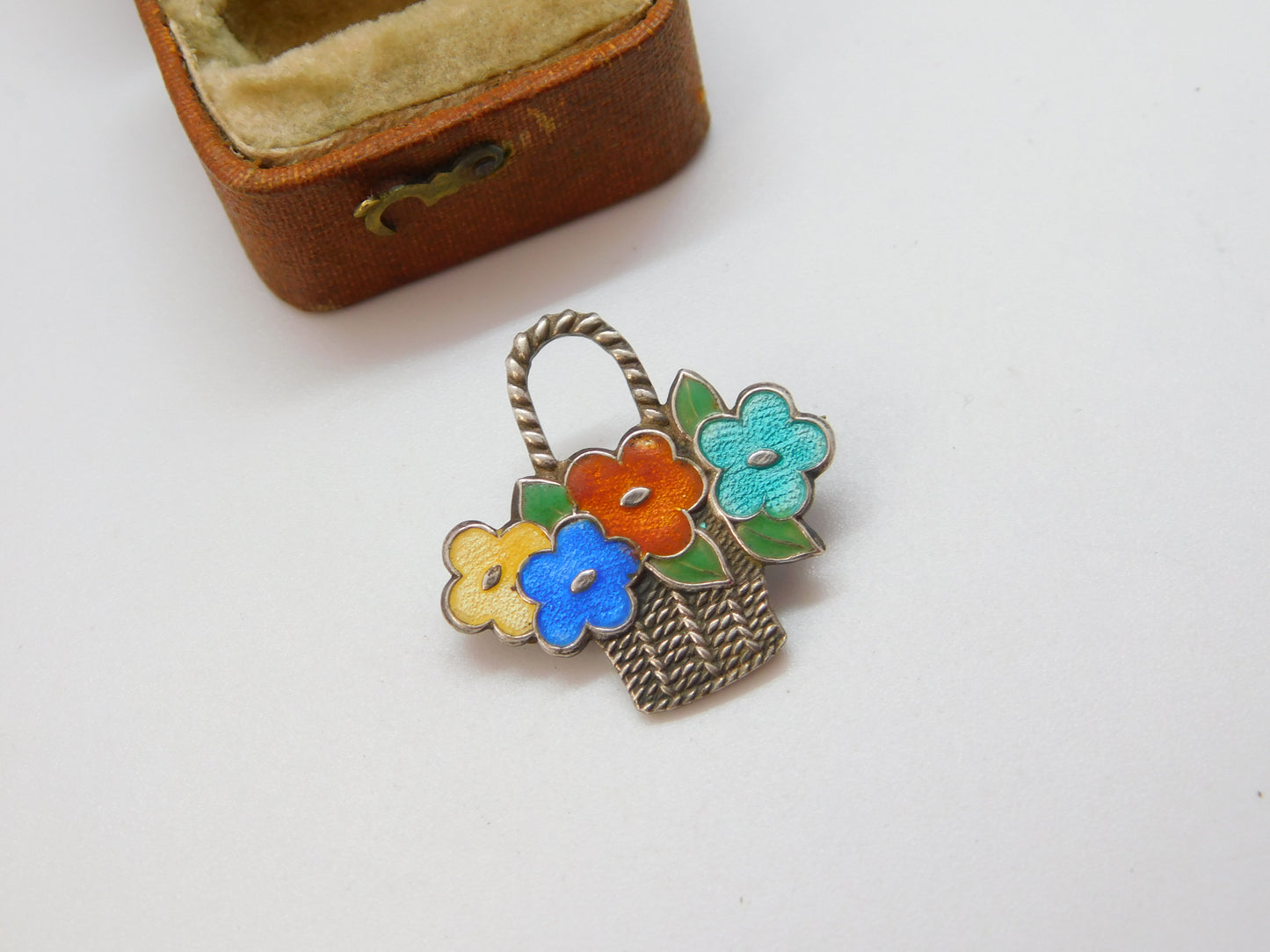 Sterling Silver Guilloche Enamel Flower Basket Brooch Antique c1930 Art Deco