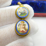 Georgian Grand Tour Yellow Gold Dove & Cherub Micro Mosaic Drop Pendant c1830