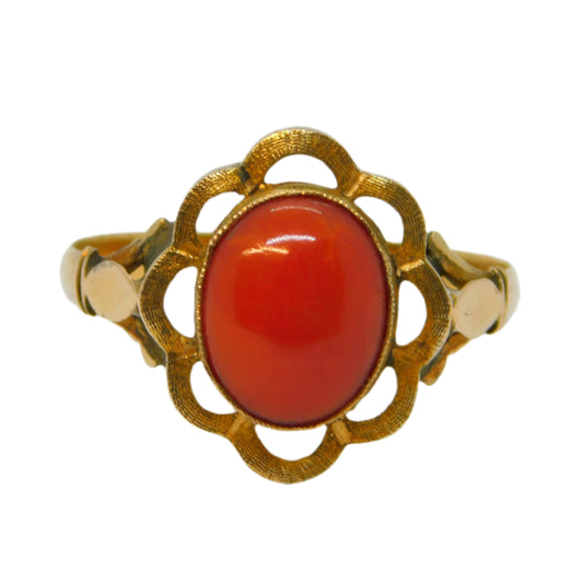 19th Century 14ct Yellow Gold Cabochon Coral Floral Dress Ring Antique c1900