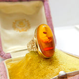 9ct Yellow Gold & Cabochon Baltic Amber Band Ring Vintage c1970 Textured