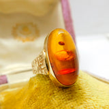 9ct Yellow Gold & Cabochon Baltic Amber Band Ring Vintage c1970 Textured