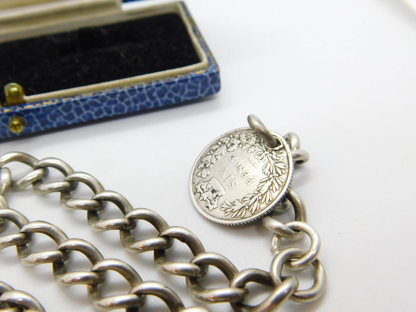 Victorian Sterling Silver Albert Watch Chain with Sixpence Fob Antique 1897