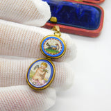 Georgian Grand Tour Yellow Gold Dove & Cherub Micro Mosaic Drop Pendant c1830