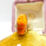 9ct Yellow Gold & Cabochon Baltic Amber Band Ring Vintage c1970 Textured