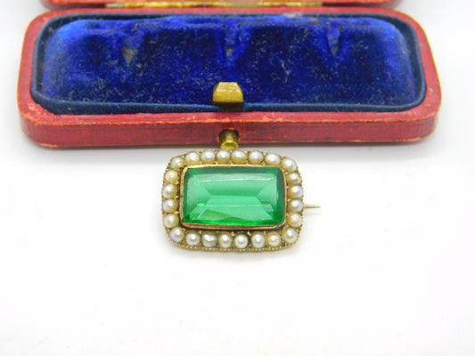 Emerald Paste Seed Pearl in 9ct Yellow Gold Brooch Pin Antique Georgian c1820