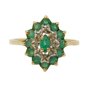 9ct Yellow Gold, Emerald & Diamond Floral Cluster Ring Vintage 1990 London
