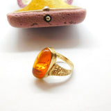 9ct Yellow Gold & Cabochon Baltic Amber Band Ring Vintage c1970 Textured