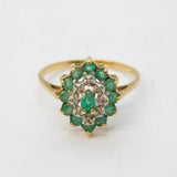 9ct Yellow Gold, Emerald & Diamond Floral Cluster Ring Vintage 1990 London