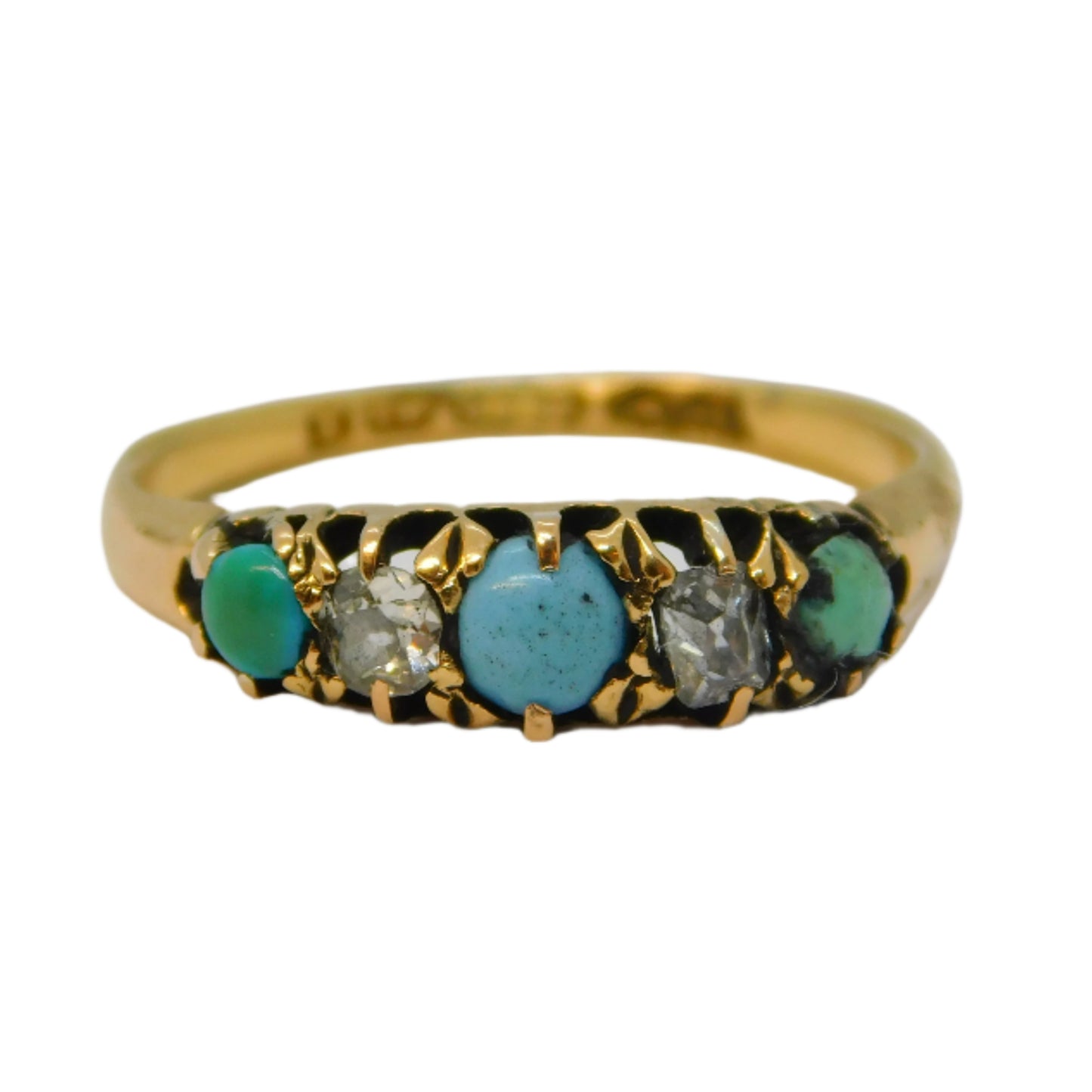 Victorian 18ct Gold, 0.2ct Diamond, Turquoise Boat Ring Antique 1897 Birmingham