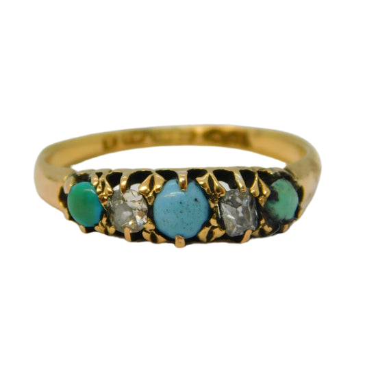 Victorian 18ct Gold, 0.2ct Diamond, Turquoise Boat Ring Antique 1897 Birmingham