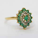 9ct Yellow Gold, Emerald & Diamond Floral Cluster Ring Vintage 1990 London