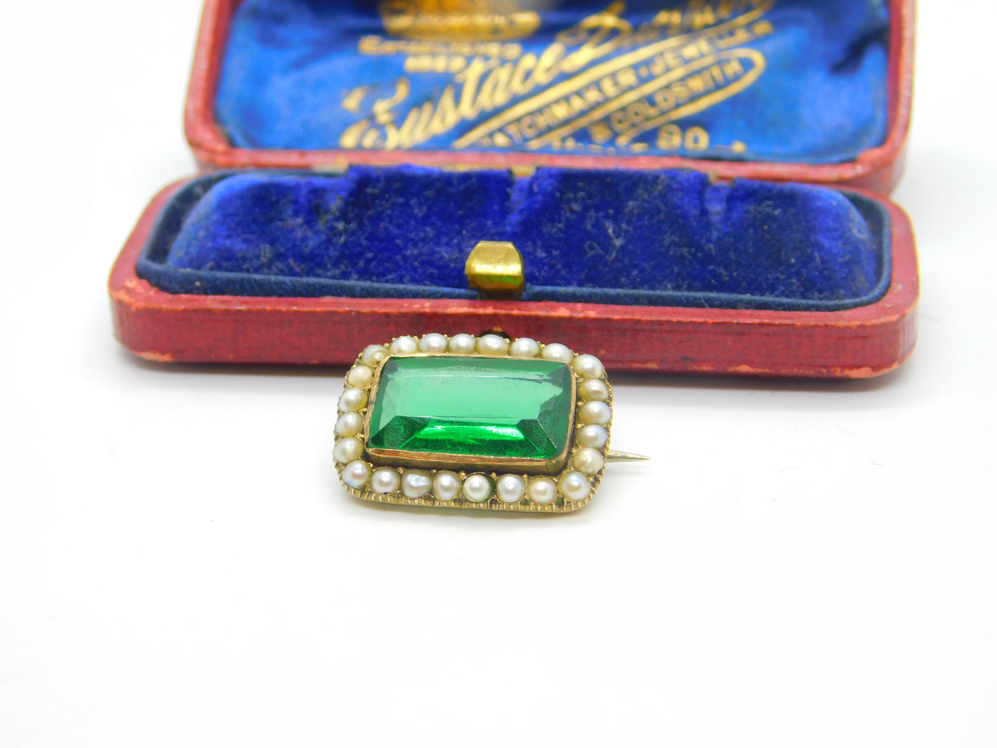 Emerald Paste Seed Pearl in 9ct Yellow Gold Brooch Pin Antique Georgian c1820