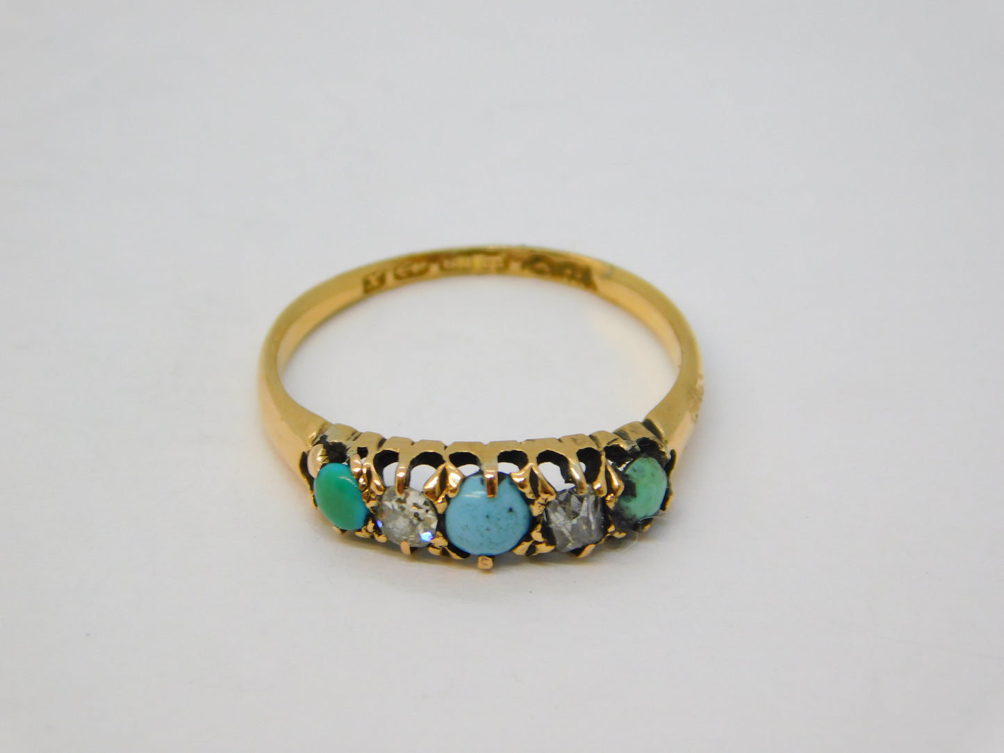 Victorian 18ct Gold, 0.2ct Diamond, Turquoise Boat Ring Antique 1897 Birmingham