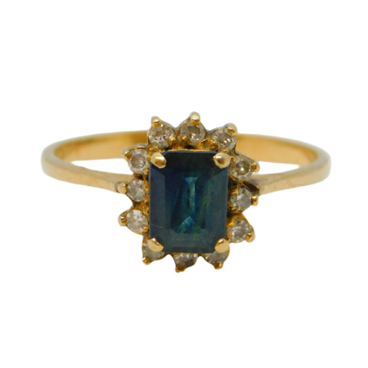 14ct Yellow Gold, 0.5ct Emerald Cut Sapphire & Diamond Engagement Ring Vintage c1970