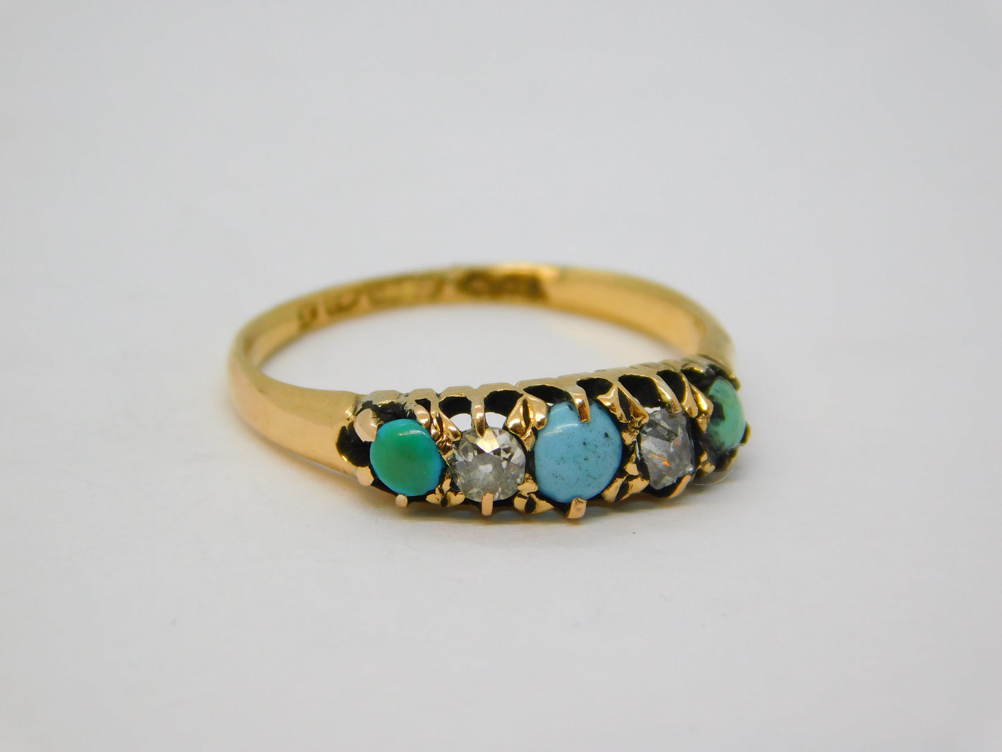 Victorian 18ct Gold, 0.2ct Diamond, Turquoise Boat Ring Antique 1897 Birmingham