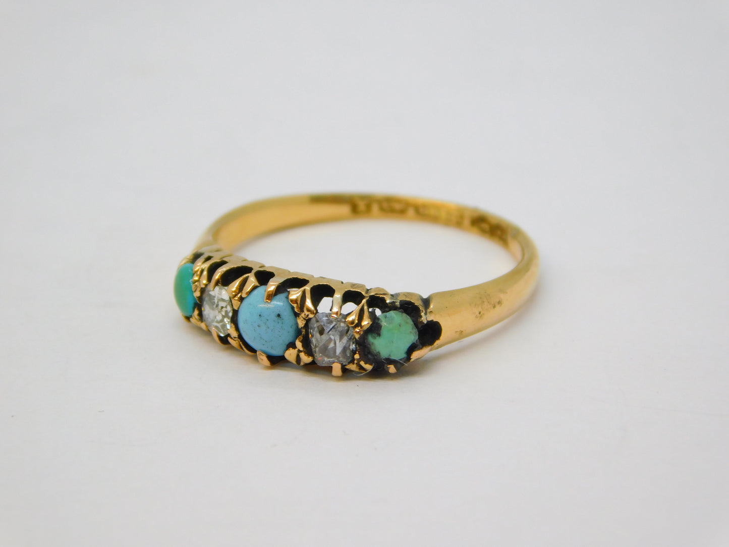 Victorian 18ct Gold, 0.2ct Diamond, Turquoise Boat Ring Antique 1897 Birmingham