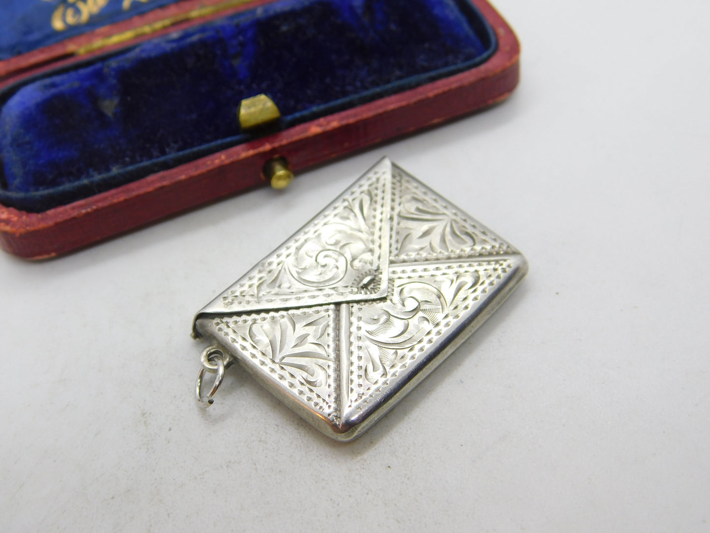 Sterling Silver Floral Pattern Envelope Form Stamp Case Fob Pendant Antique