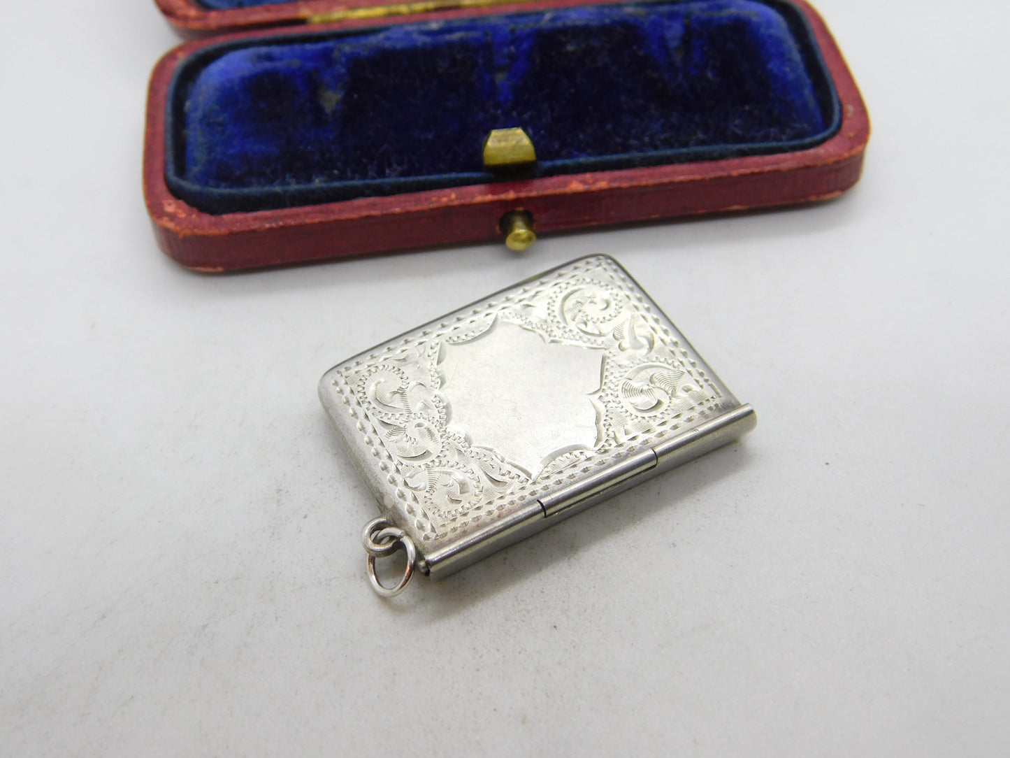 Sterling Silver Floral Pattern Envelope Form Stamp Case Fob Pendant Antique