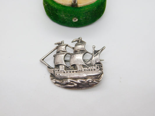 Shipton & Co. Sterling Silver Mayflower Ship Brooch 1938 Chester Antique Deco