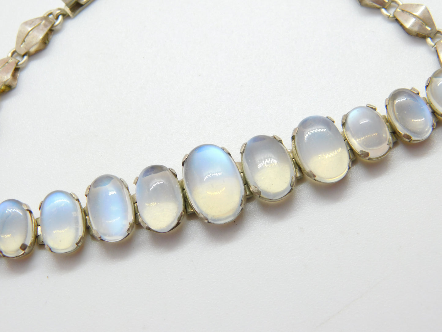 Sterling Silver Graduating Cabochon Moonstone Set Bracelet Antique c1920 Deco