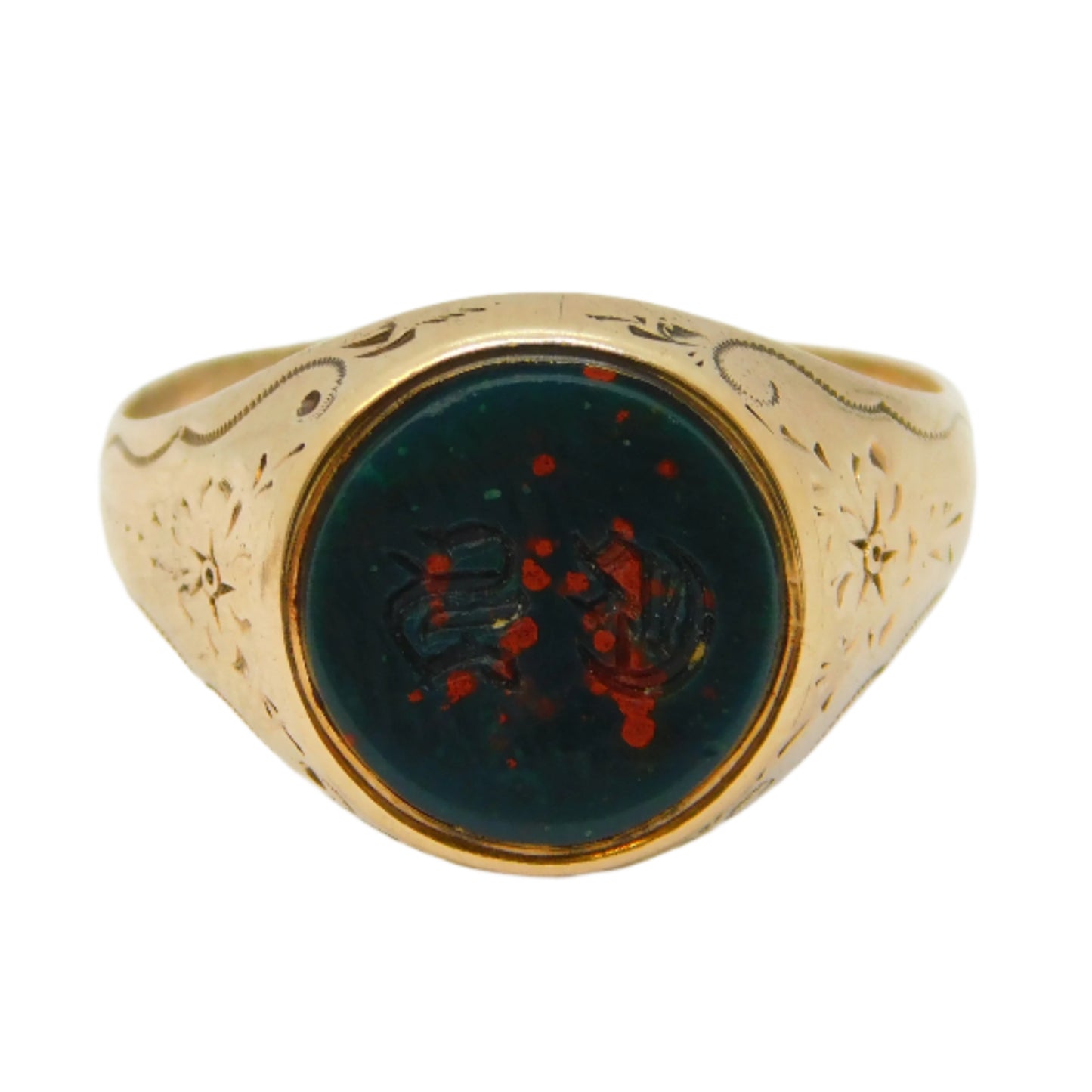 Victorian 9ct Gold Carved 'SG' Bloodstone Intaglio Signet Ring Antique c1860
