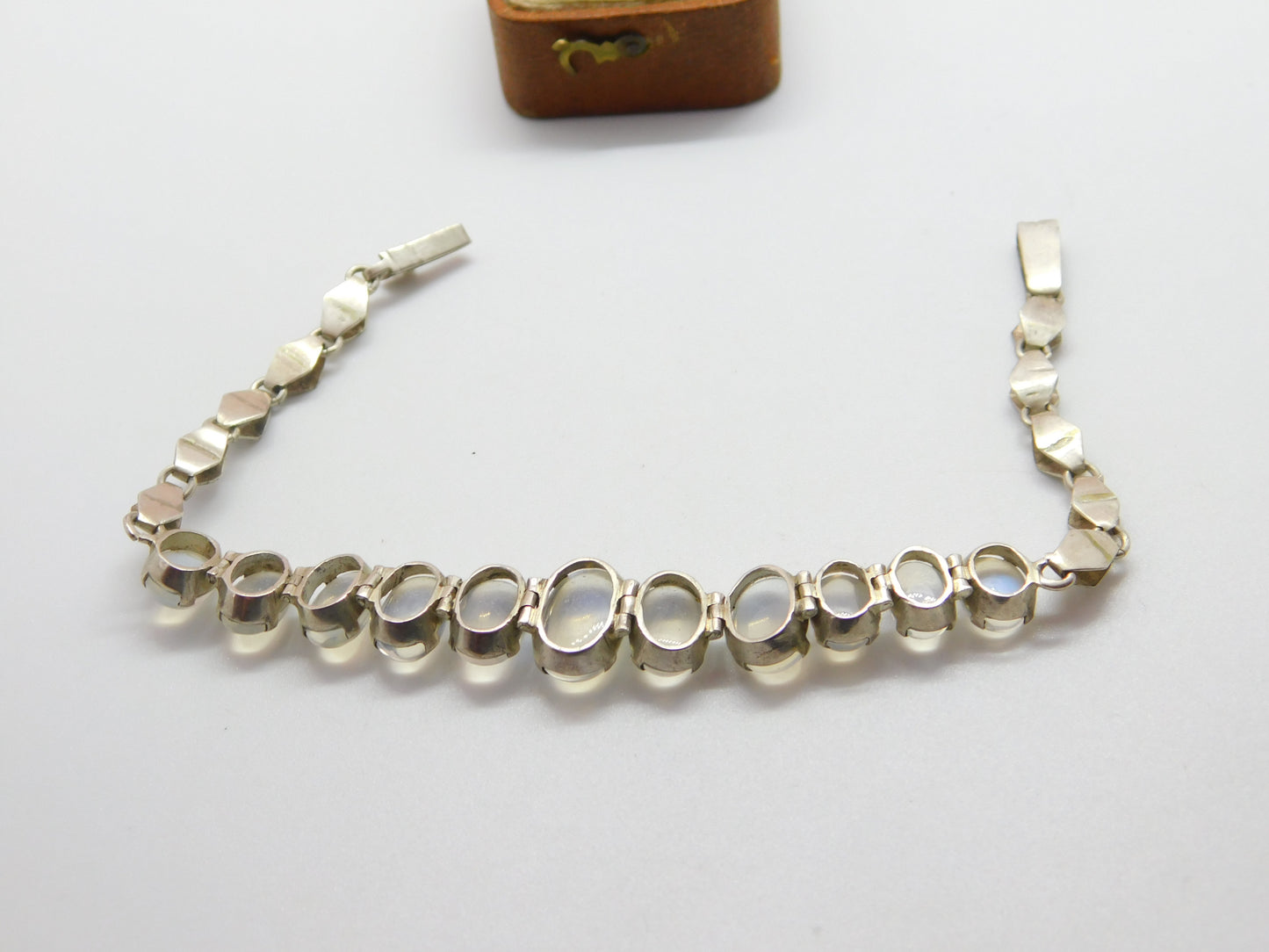 Sterling Silver Graduating Cabochon Moonstone Set Bracelet Antique c1920 Deco