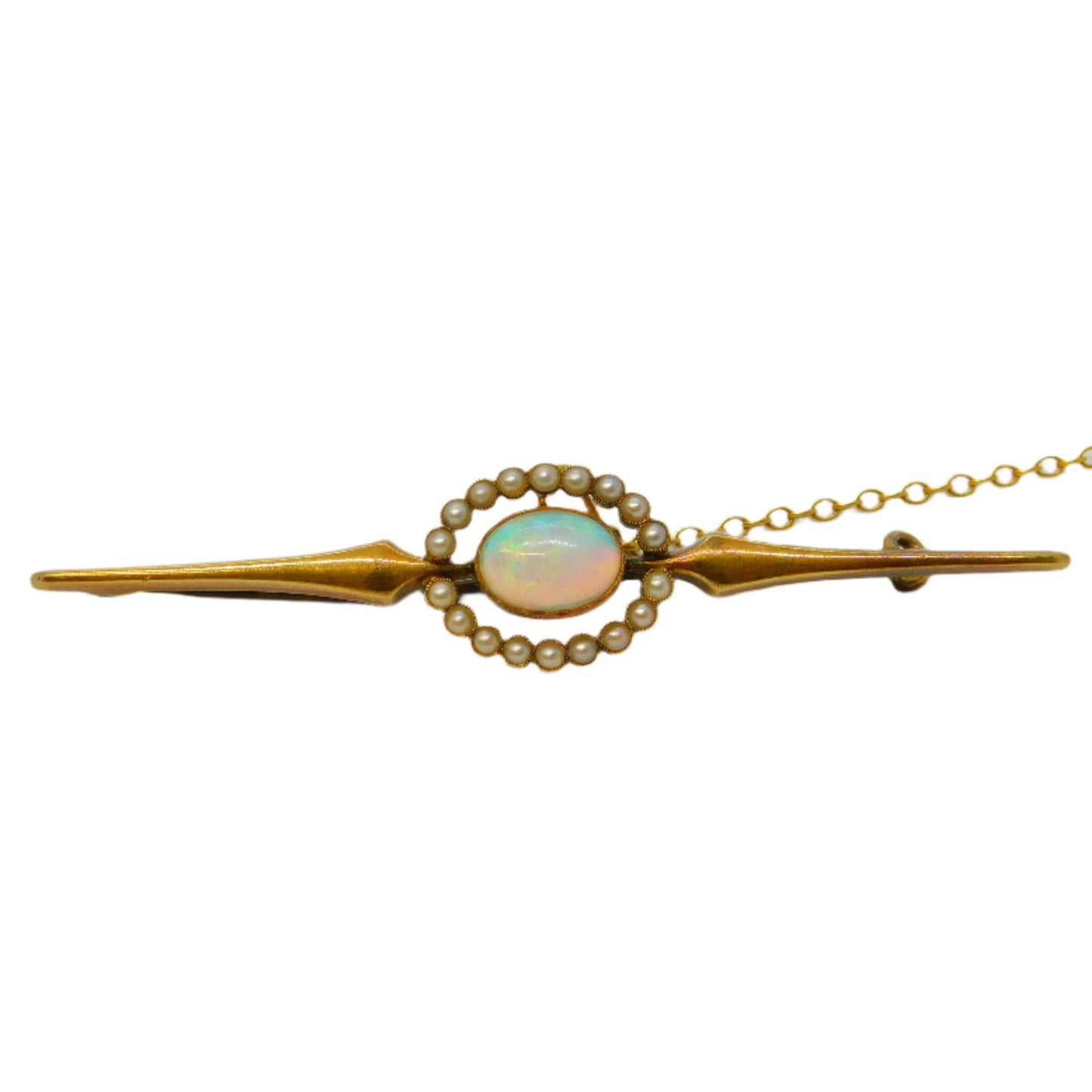 Edwardian 15ct Yellow Gold, Cabochon White Opal & Pearl Brooch Antique c1910