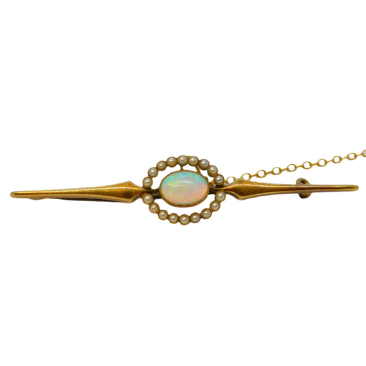 Edwardian 15ct Yellow Gold, Cabochon White Opal & Pearl Brooch Antique c1910