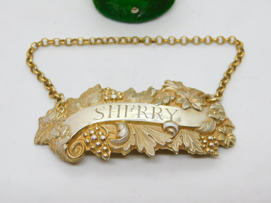 Victorian Sterling Silver Gilt Sherry Decanter Label Vintage 1879 Birmingham