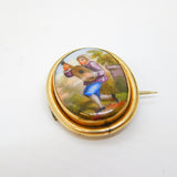 Victorian 9ct Gold Mounted Porcelain Regency Musician Brooch Antique c1860