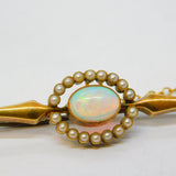 Edwardian 15ct Yellow Gold, Cabochon White Opal & Pearl Brooch Antique c1910