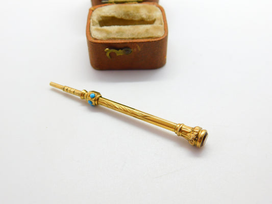 Victorian 9ct Gold Cased, Turquoise Set & Citrine Top Propelling Pencil c1880