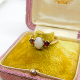 9ct Yellow Gold, Cabochon Opal & Garnet Set Band Ring Vintage 1963 Birmingham