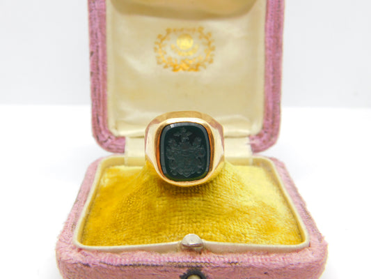 Czech 14ct Yellow Gold Carved Bloodstone Intaglio Heraldic Signet Ring Victorian c1860