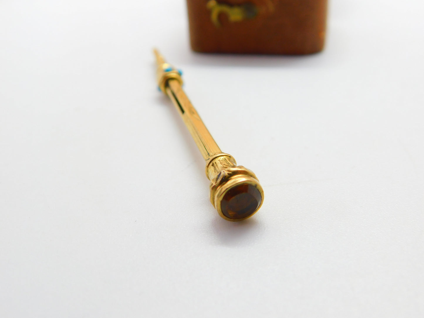 Victorian 9ct Gold Cased, Turquoise Set & Citrine Top Propelling Pencil c1880