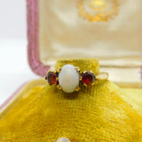 9ct Yellow Gold, Cabochon Opal & Garnet Set Band Ring Vintage 1963 Birmingham