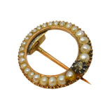 George III 15ct Gold, Old-Cut Diamond & Graduating Pearl Moon Brooch Antique c1820