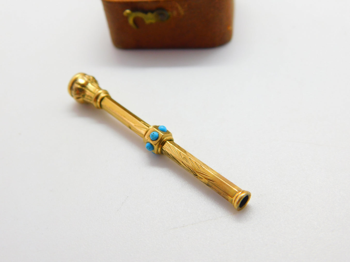 Victorian 9ct Gold Cased, Turquoise Set & Citrine Top Propelling Pencil c1880