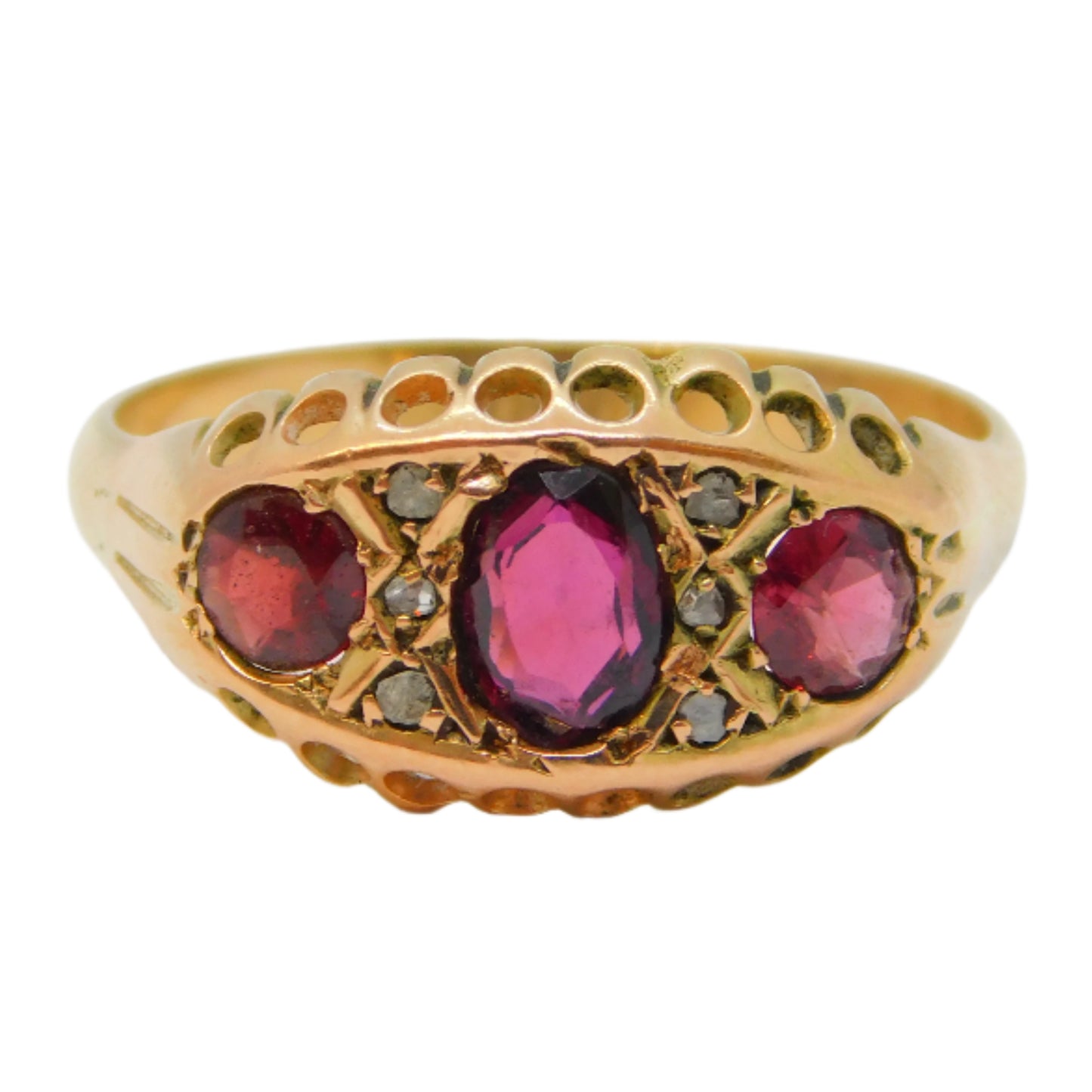 9ct Gold, Garnet & White Sapphire Boat Ring Vintage c1970