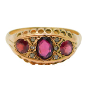 9ct Gold, Garnet & White Sapphire Boat Ring Vintage c1970