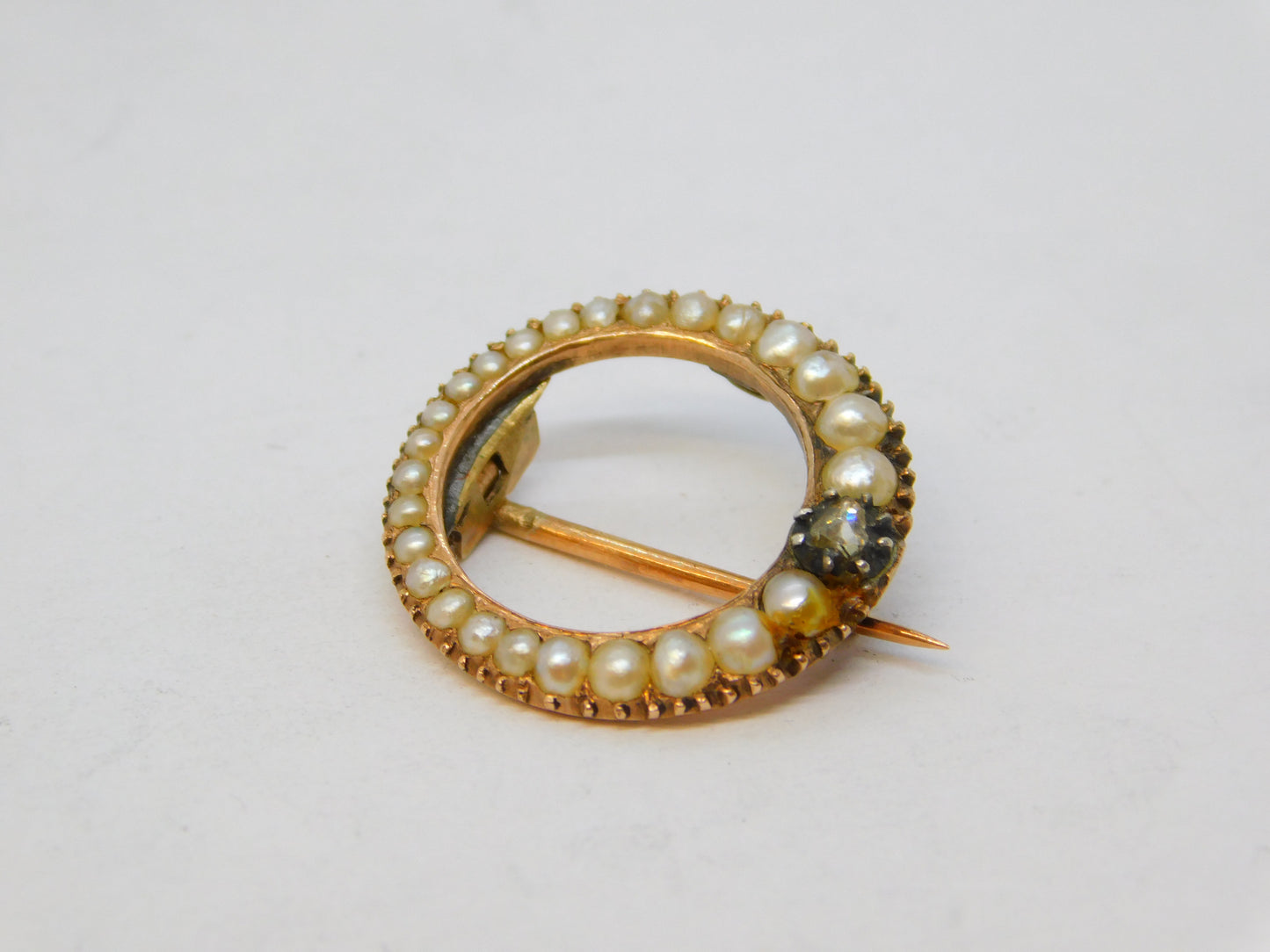 George III 15ct Gold, Old-Cut Diamond & Graduating Pearl Moon Brooch Antique c1820