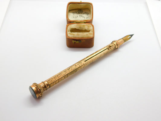 Victorian Rolled Gold Fountain Pen & Propelling Pencil-in-One Bloodstone Antique