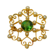 Edwardian 15ct Gold, Tourmaline & Seed Pearl Floral Pendant Brooch Antique