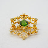 Edwardian 15ct Gold, Tourmaline & Seed Pearl Floral Pendant Brooch Antique