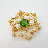Edwardian 15ct Gold, Tourmaline & Seed Pearl Floral Pendant Brooch Antique