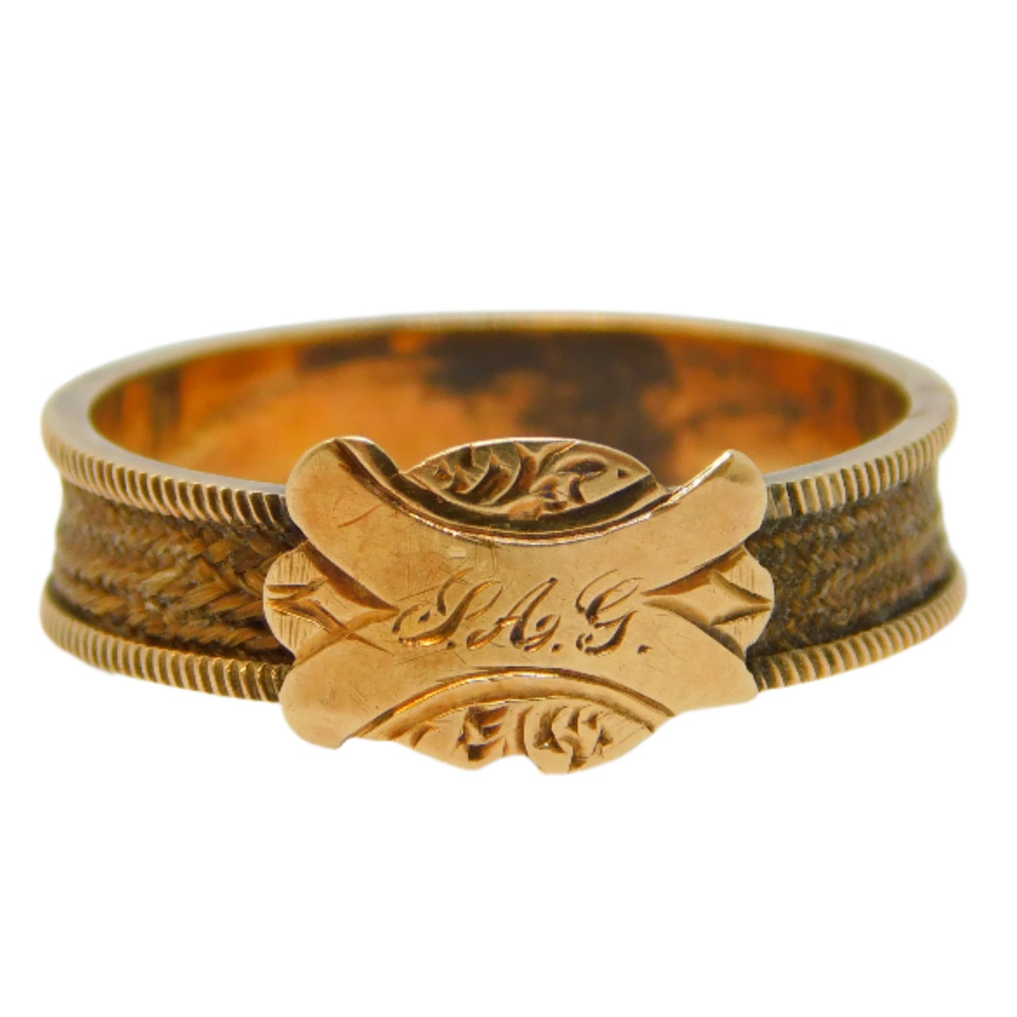 Victorian 9ct Yellow Gold Hair Set Mourning Ring Antique c1840
